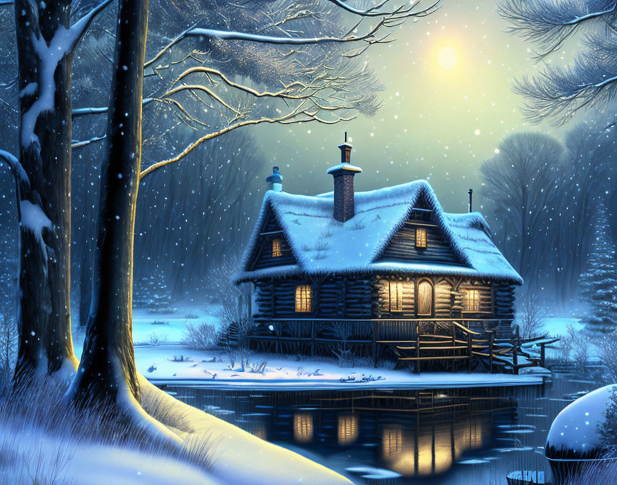 Snow-covered log cabin by tranquil lake in moonlit winter scene