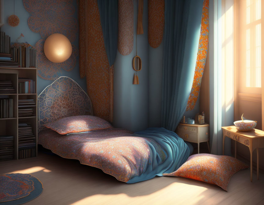 Sunlit cozy bedroom with blue ornate patterns, bookshelf, and serene ambiance