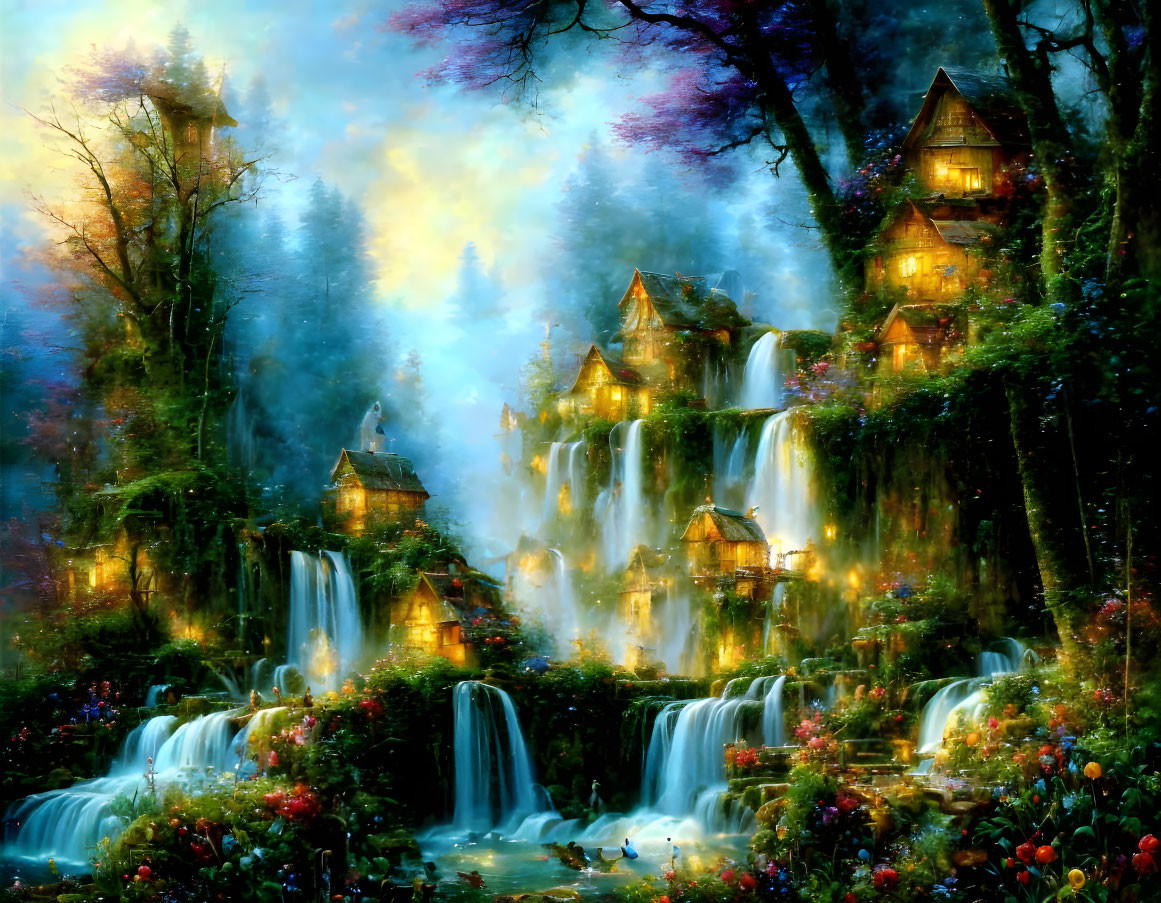 Enchanting forest scene with illuminated houses on waterfalls