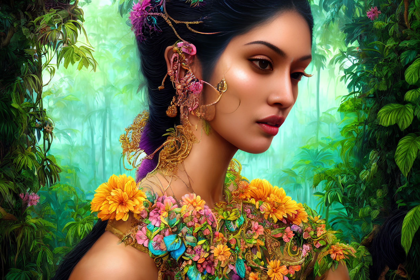 Portrait of Woman in Floral Dress and Gold Jewelry Against Forest Backdrop