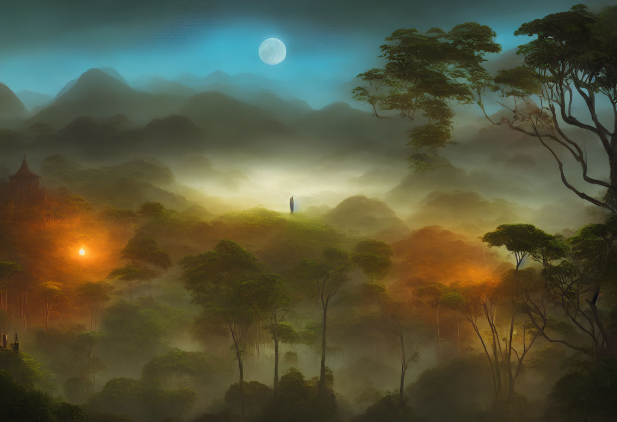 Moonlit fog-covered landscape with silhouetted trees, mountains, and lone figure.