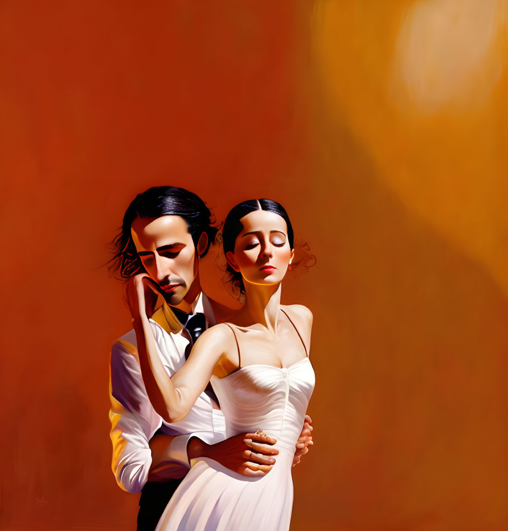 Formal Attire Couple in Dance Pose on Warm Orange Background