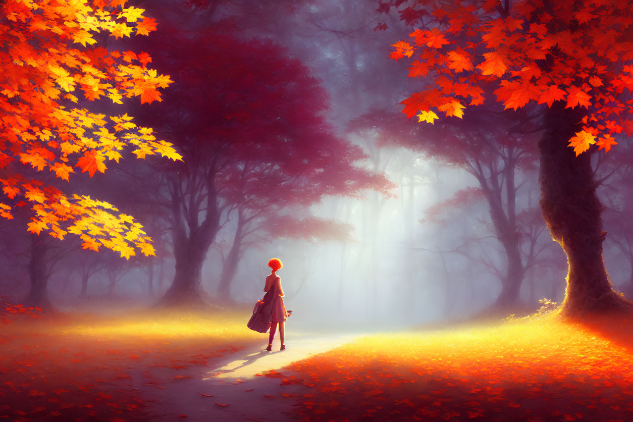 Person in Red Cloak Walking Through Autumn Forest with Vibrant Leaves