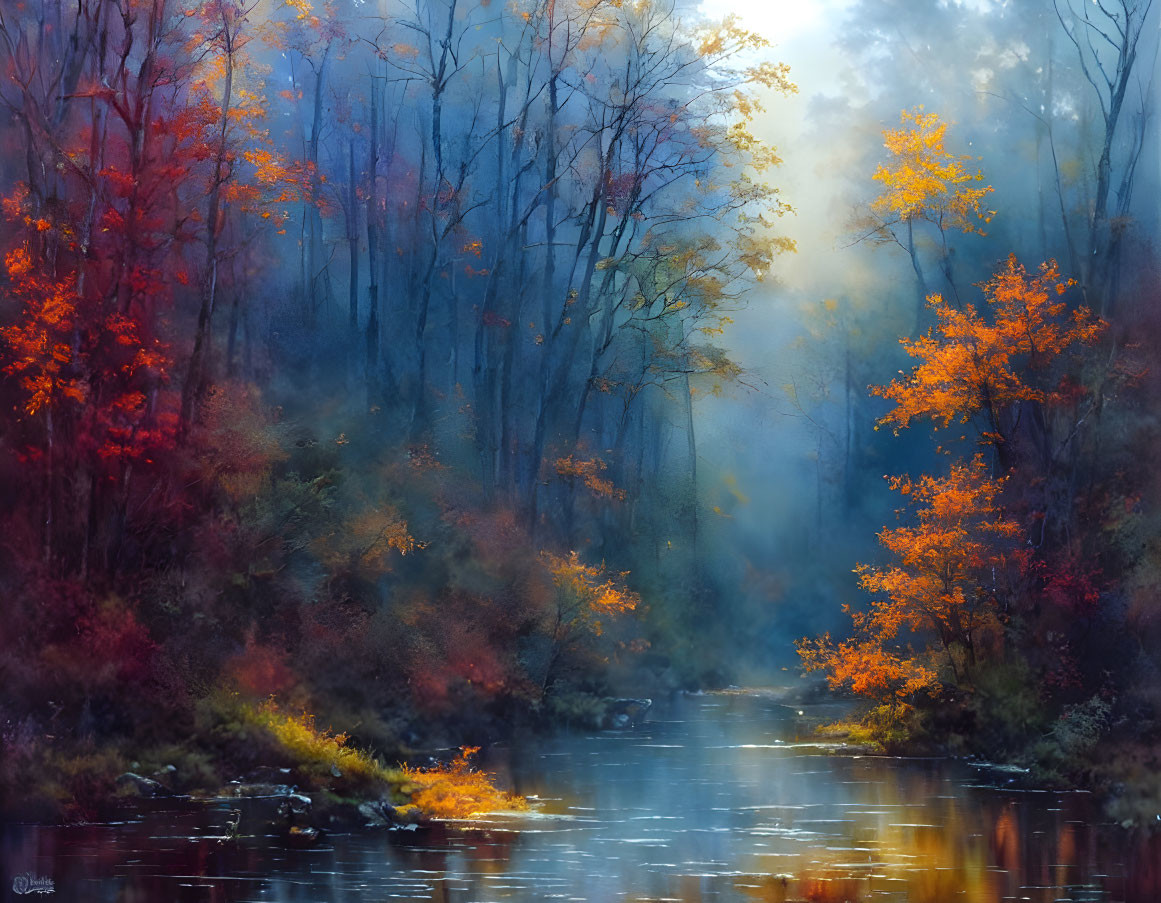 Scenic Autumn Forest with River and Vibrant Foliage