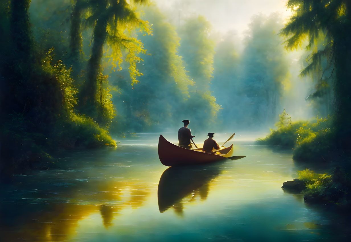 Two people canoeing on tranquil river surrounded by green trees