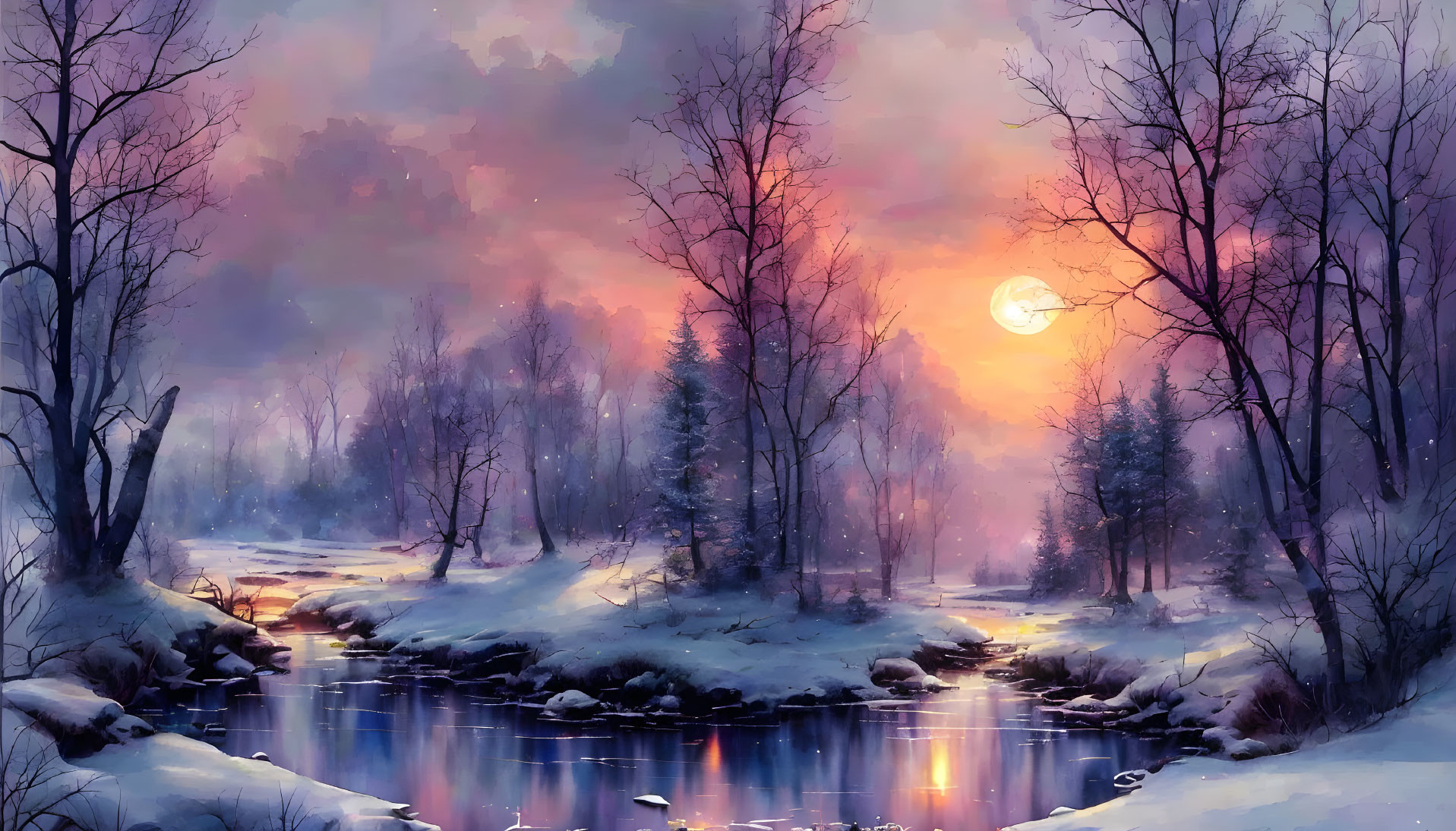 Snow-covered trees and serene creek in tranquil winter dusk.