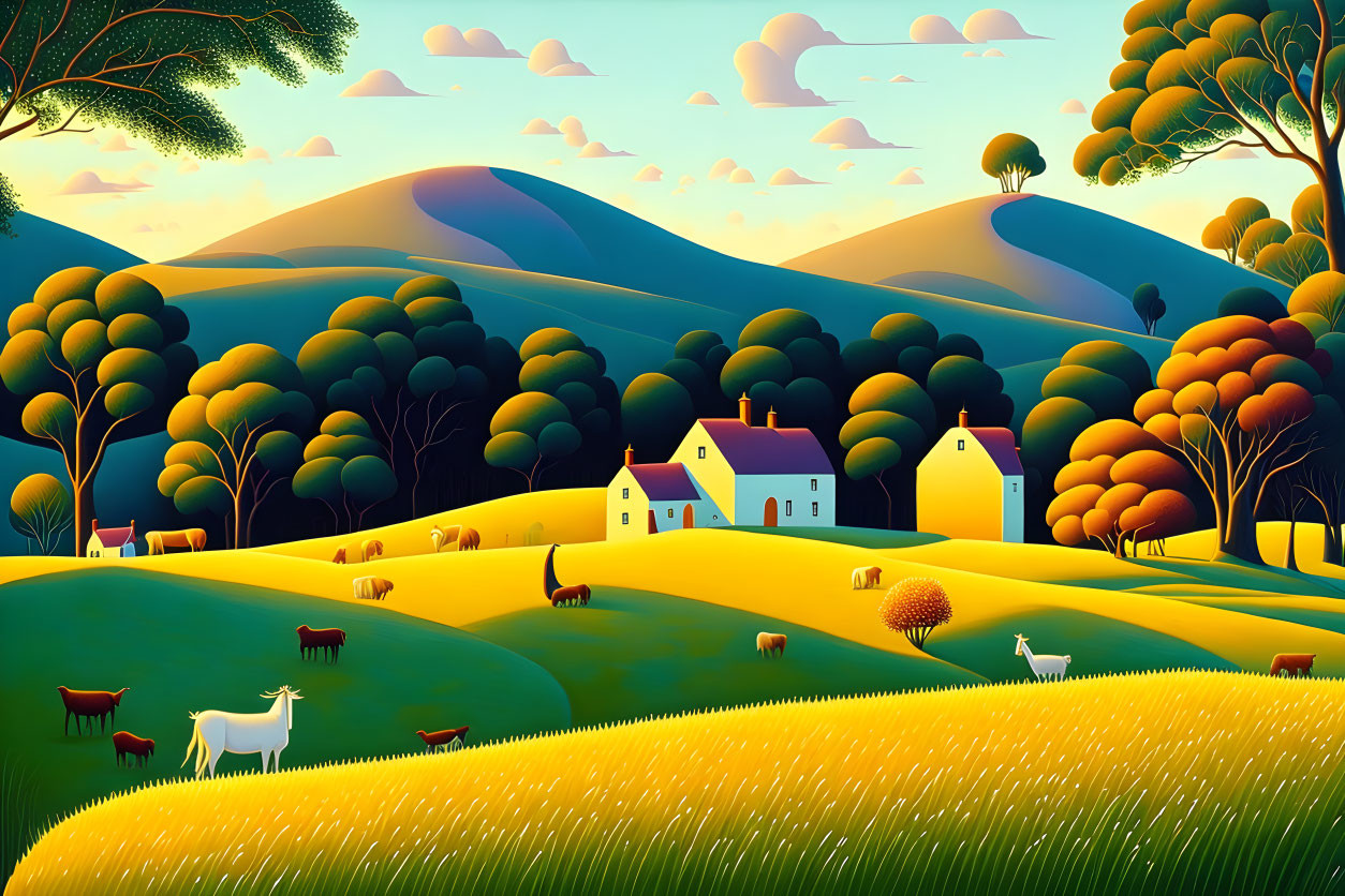 Colorful stylized landscape with cottage, rolling hills, lush trees, and grazing animals.