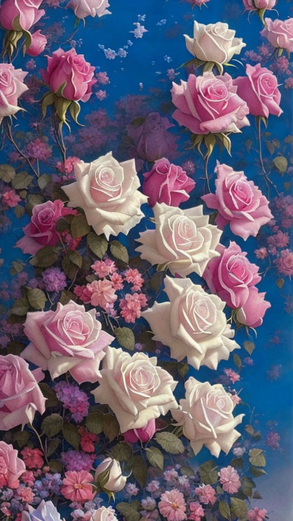 Vibrant Pink and White Roses in Vertical Array Against Blue Sky