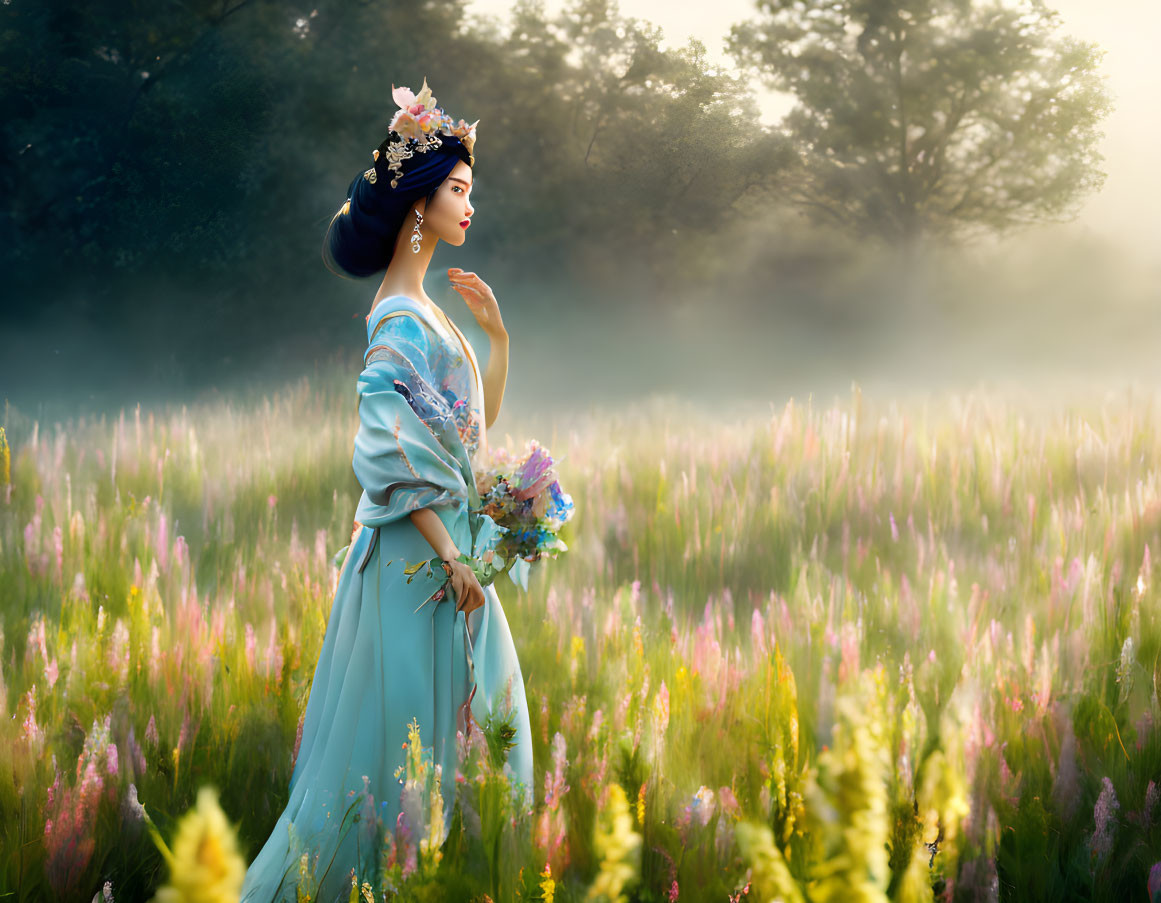 Traditional Asian woman in floral headdress standing in misty meadow with bouquet