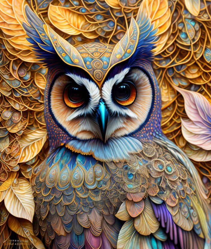 Vibrant owl illustration with intricate feather patterns in various colors