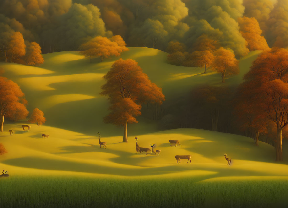 Tranquil autumn landscape with golden light, deer grazing on rolling hills