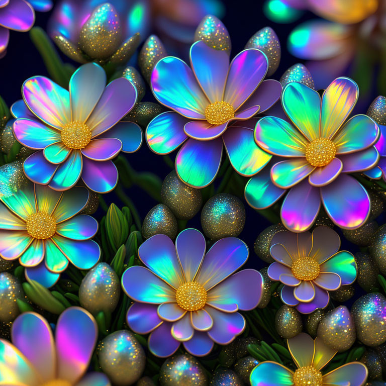 Colorful Glittery Flower Image with Blue, Purple, and Gold Petals