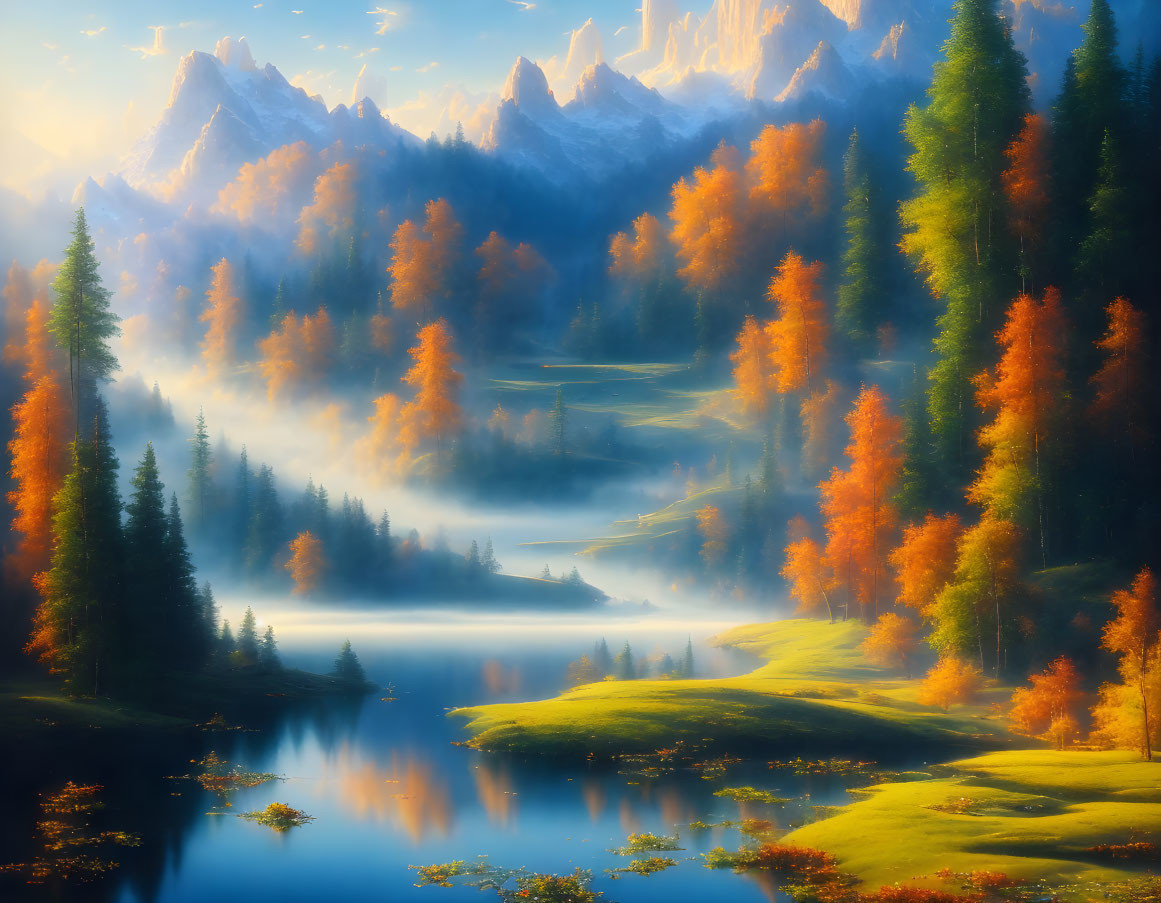 Golden autumn forest reflected in tranquil lake with mist and sunlit mountains