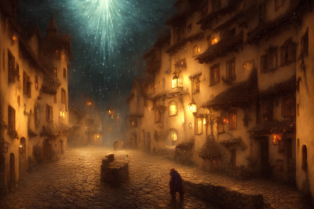 Person standing on cobblestone street in illuminated village at night under starry sky