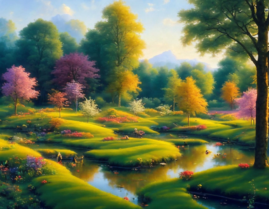 Tranquil landscape painting with lush greenery and blossoming trees