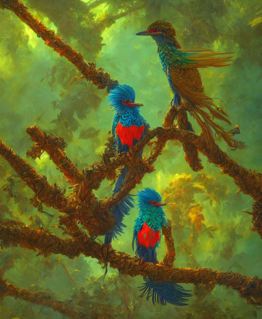 Colorful Birds with Blue and Red Plumage in Moss-Covered Forest