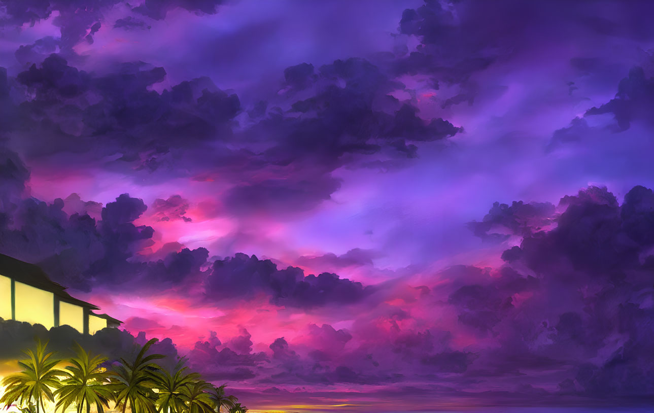 Scenic sunset with purple and pink clouds, balcony view, palm trees, illuminated window