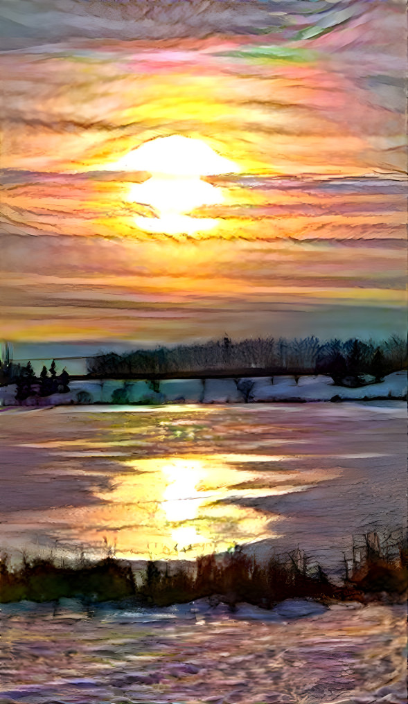 Sunset over frozen lake