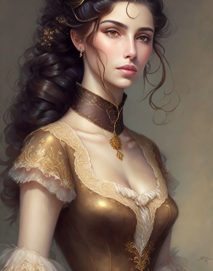 Portrait of woman with long, curly hair in golden dress and choker