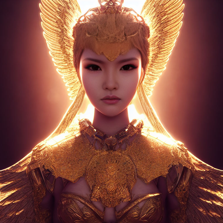 Woman in ornate golden armor and regal headpiece with halo effect portrait.