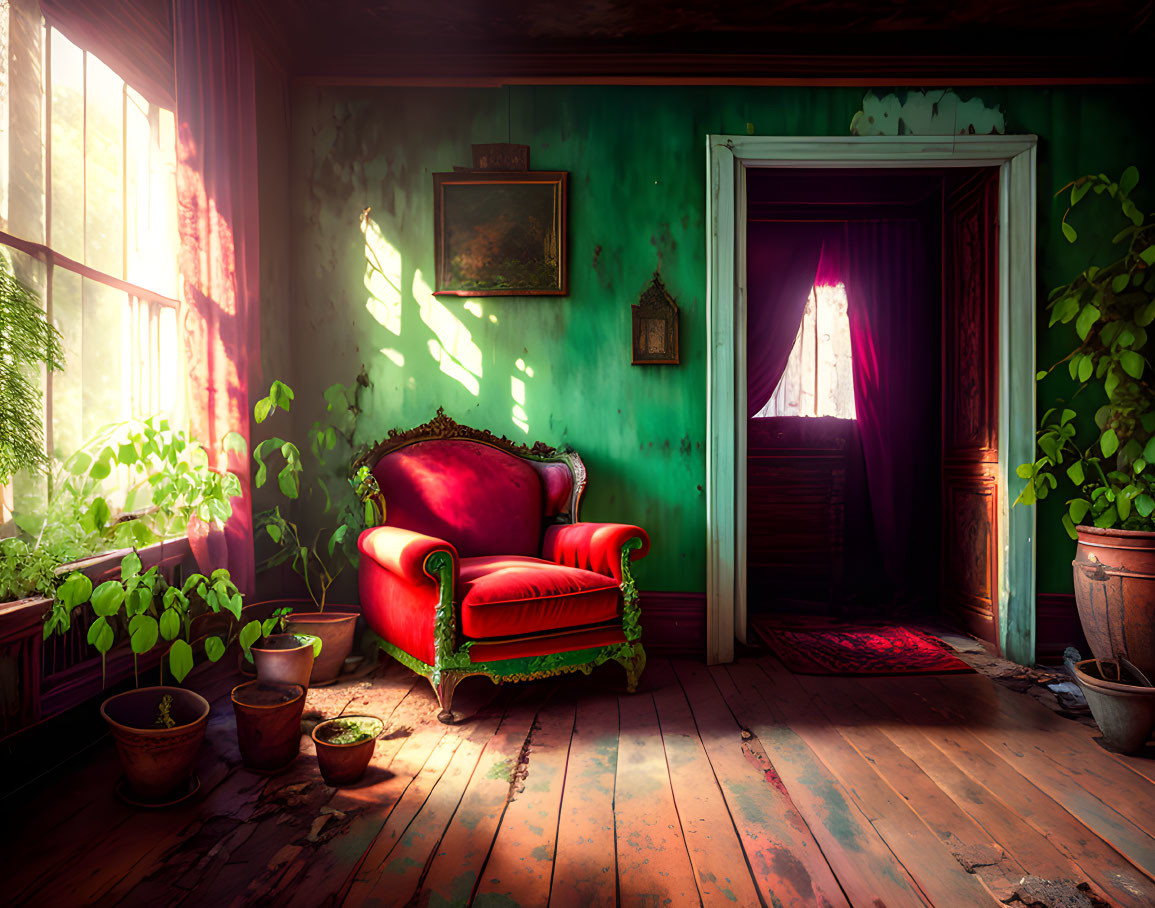 Vintage Room with Red Victorian Armchair and Green Walls