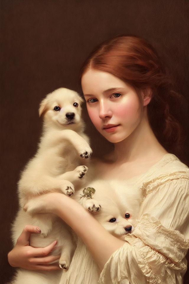 Red-haired woman with two fluffy puppies on arm and shoulder