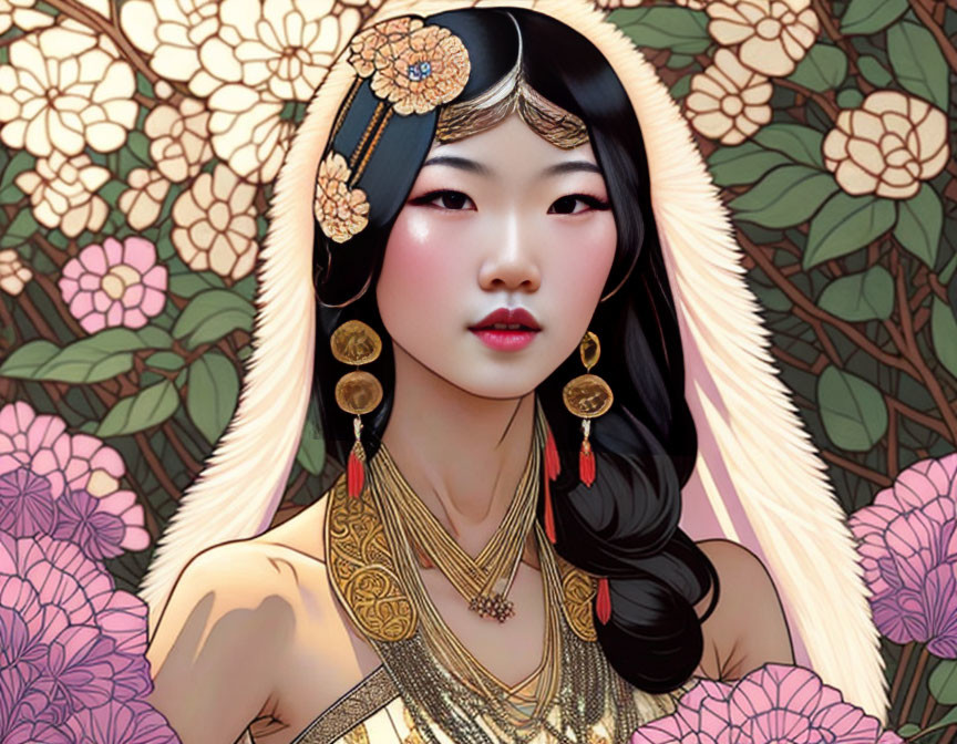 Asian woman portrait with gold jewelry and floral headpiece in front of ornate flowers