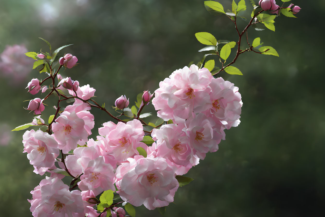 Pink roses branch with lush petals and green leaves on soft-focus foliage background