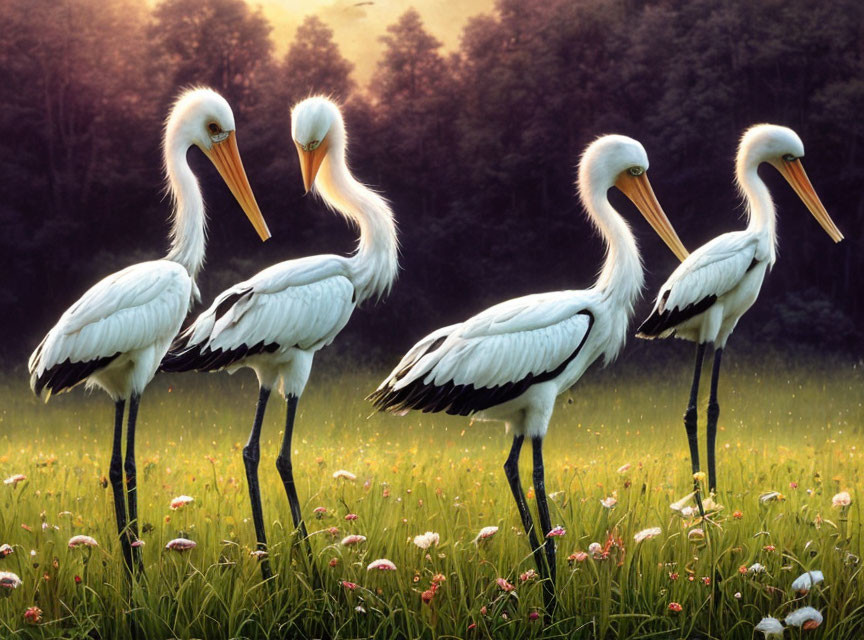 White storks in field at sunset with trees in background