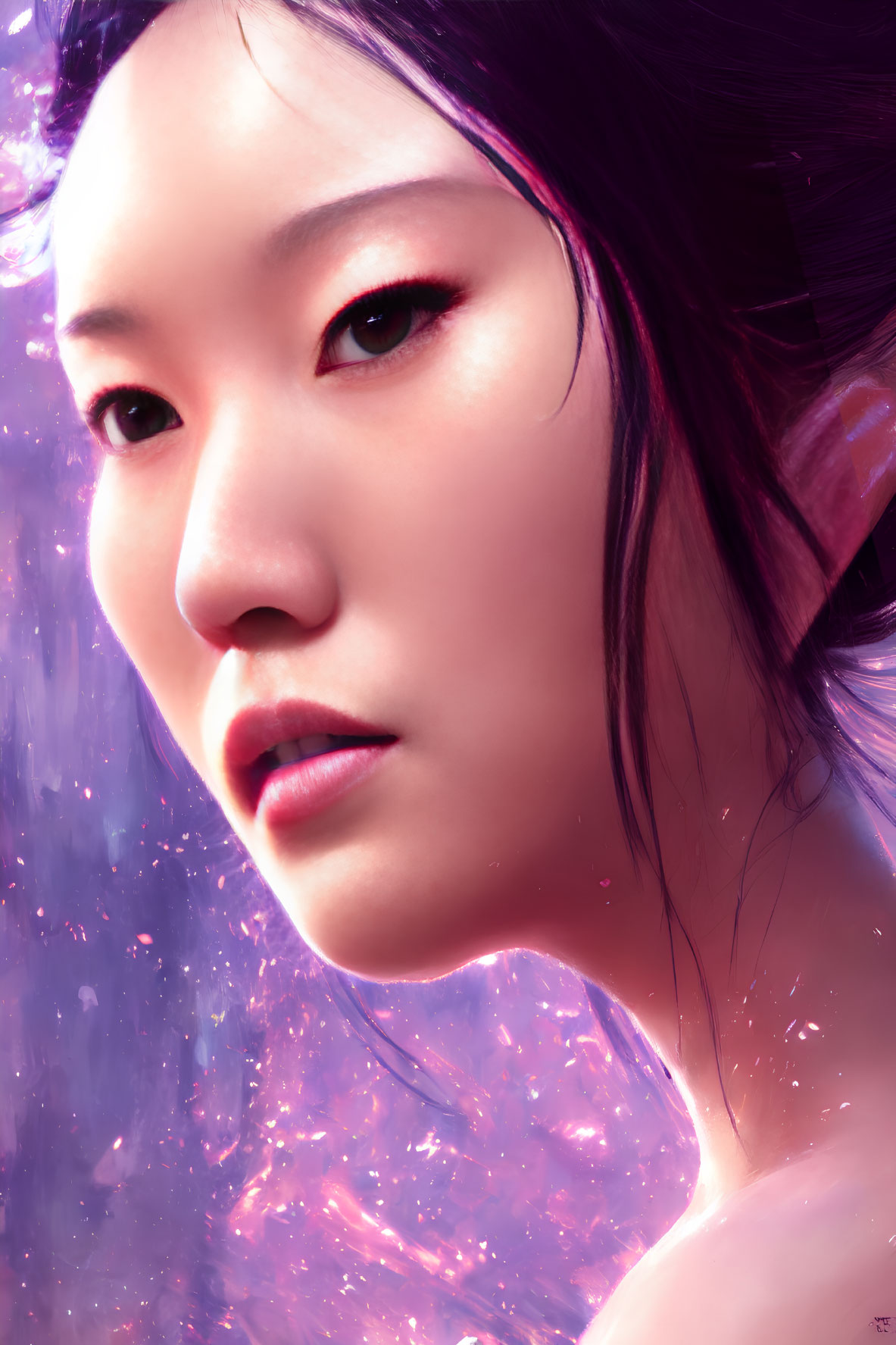 Asian woman digital portrait with dark eyes and cosmic background