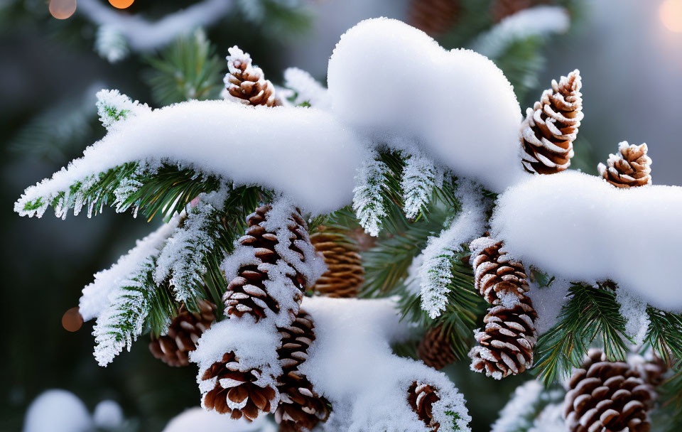 Snow-covered pine branches with brown cones in serene winter setting.