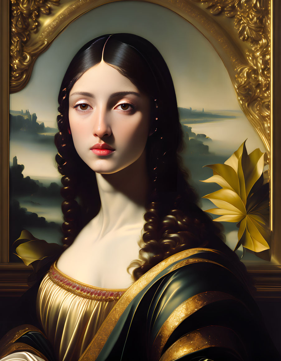 Classical-style portrait of a serene woman in gold and green dress with scenic background