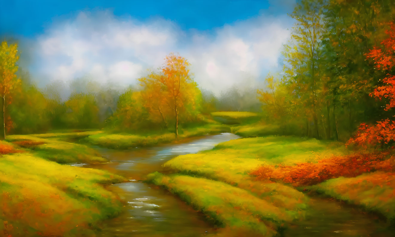 Tranquil landscape painting: meandering stream, lush autumnal trees, soft cloudy sky