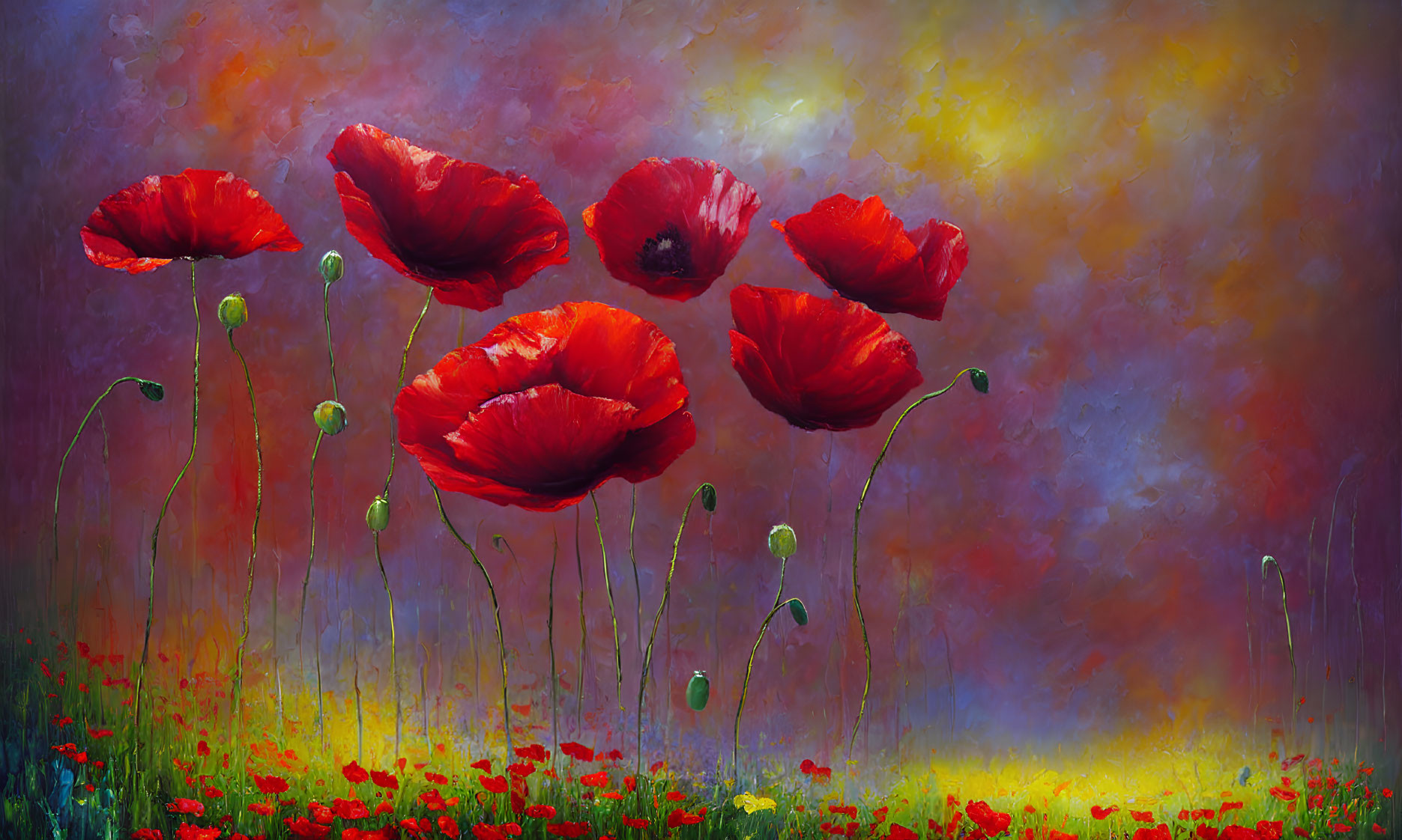 Colorful painting of blooming red poppies with wildflowers and luminous background