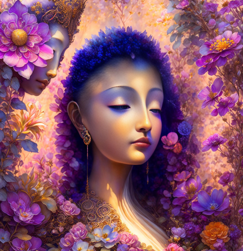 Digital Art: Woman with Purple Floral Surroundings and Vibrant Headdress