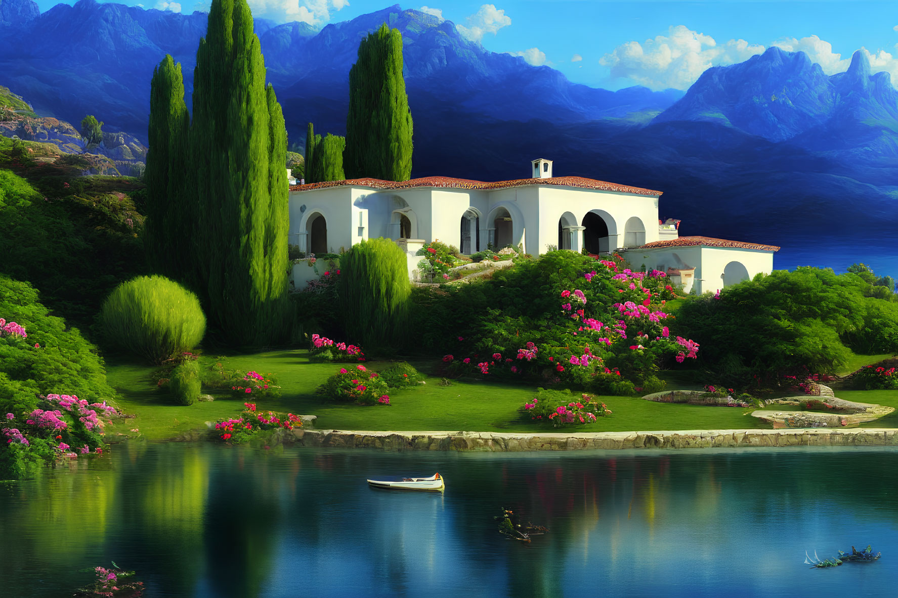 Tranquil lakeside scene with white villa, greenery, pink flowers, mountains, and boat