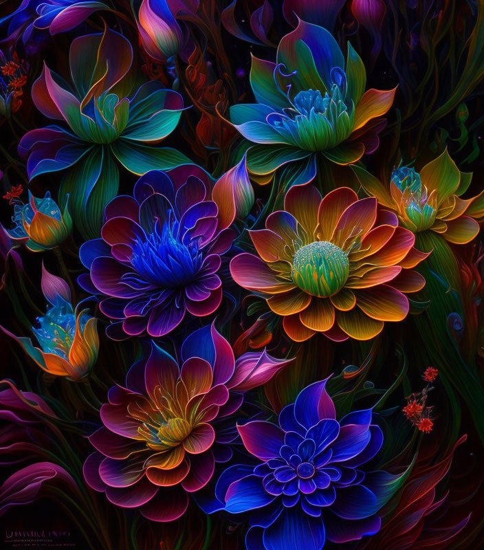 Colorful Digital Art: Luminous Multicolored Flowers on Dark Background