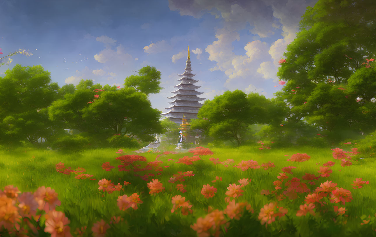 Traditional Asian Pagoda Surrounded by Greenery and Flowers