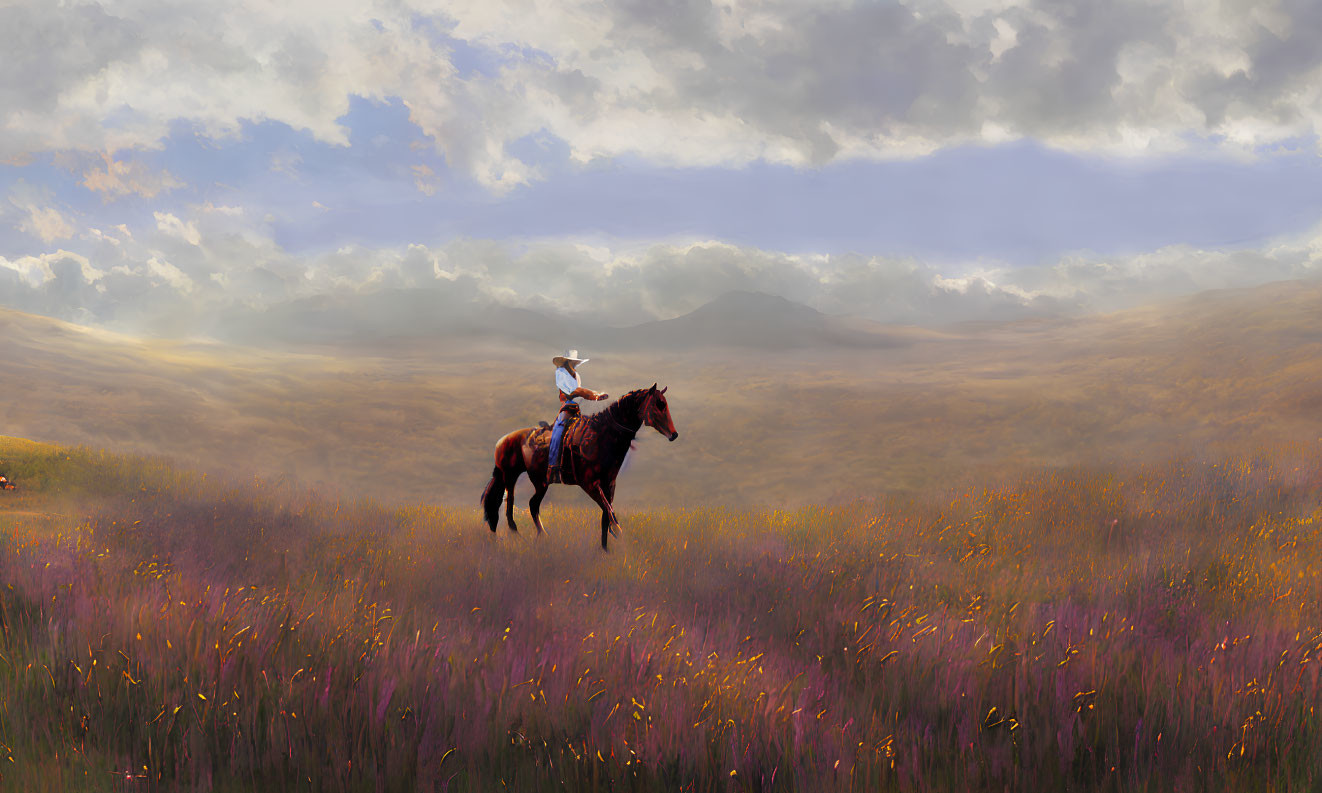 Solitary rider on chestnut horse in vast purple flower field