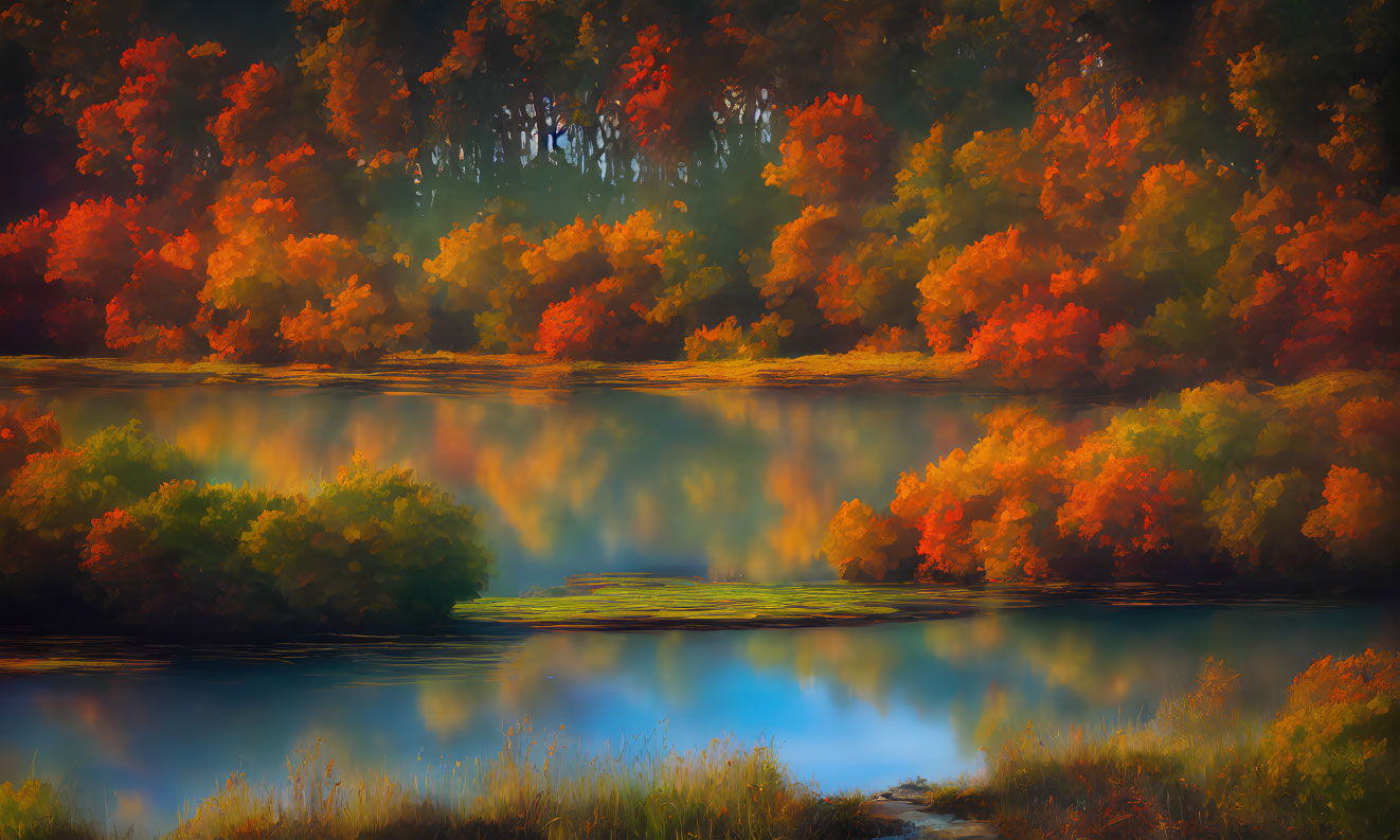 Vibrant autumn trees reflected in calm river waters