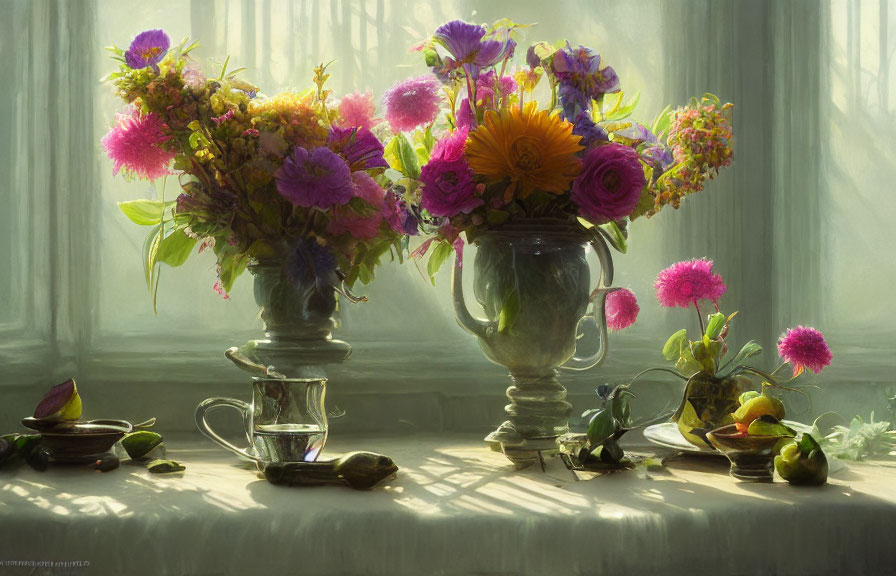 Ornate vases with vibrant flowers on sunlit windowsill