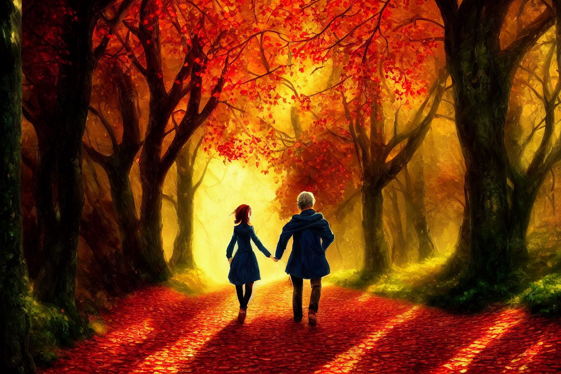 Children walking in vibrant autumn forest scenery