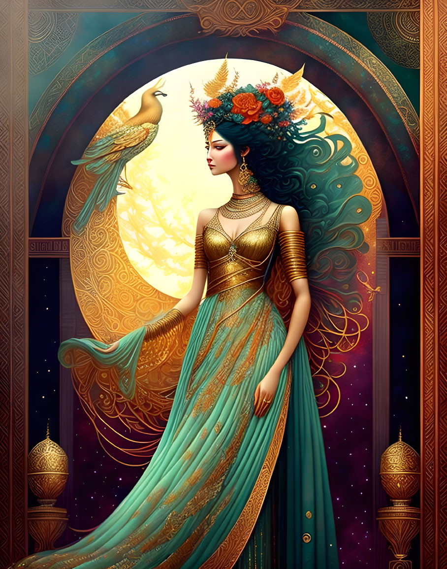 Illustrated woman with peacock motif, floral headpiece, teal dress, and gold jewelry against golden