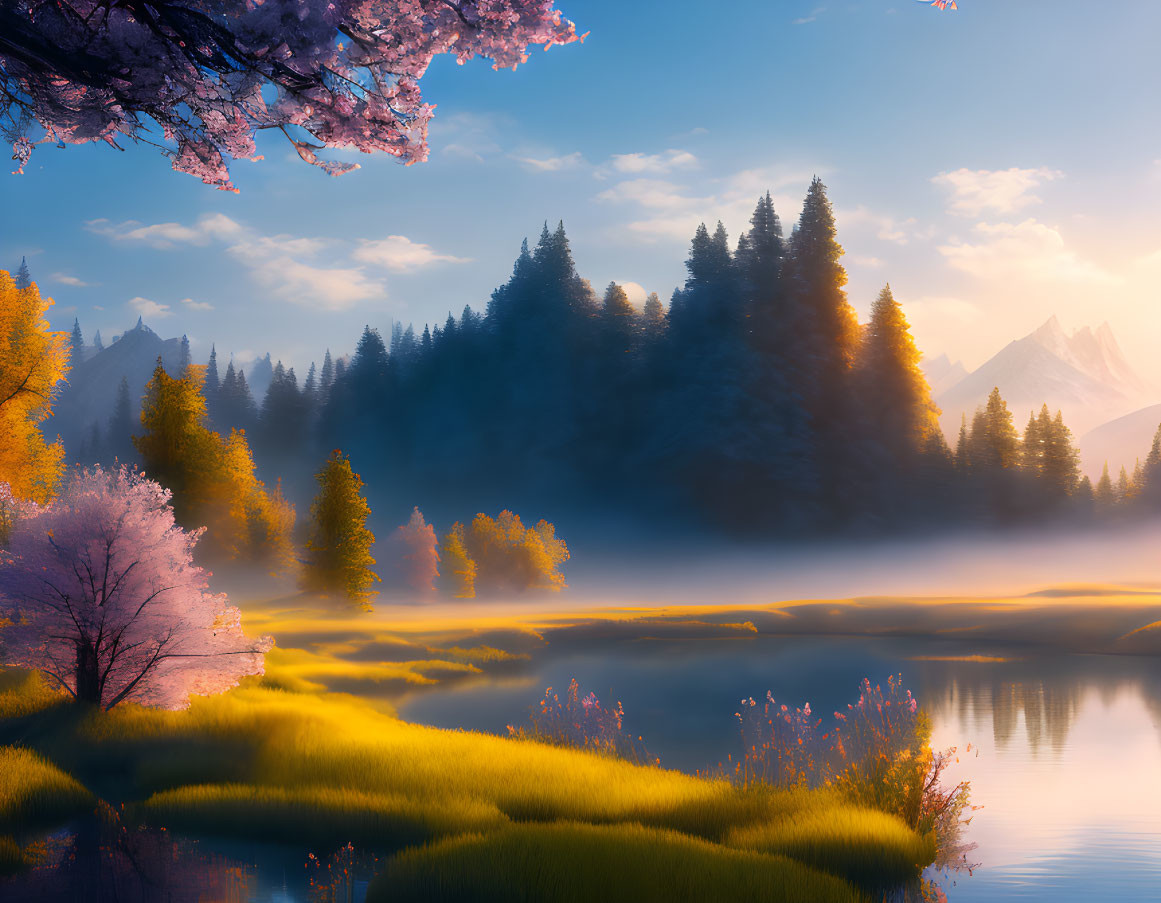 Tranquil Cherry Blossom Landscape with Misty Forest and Lake