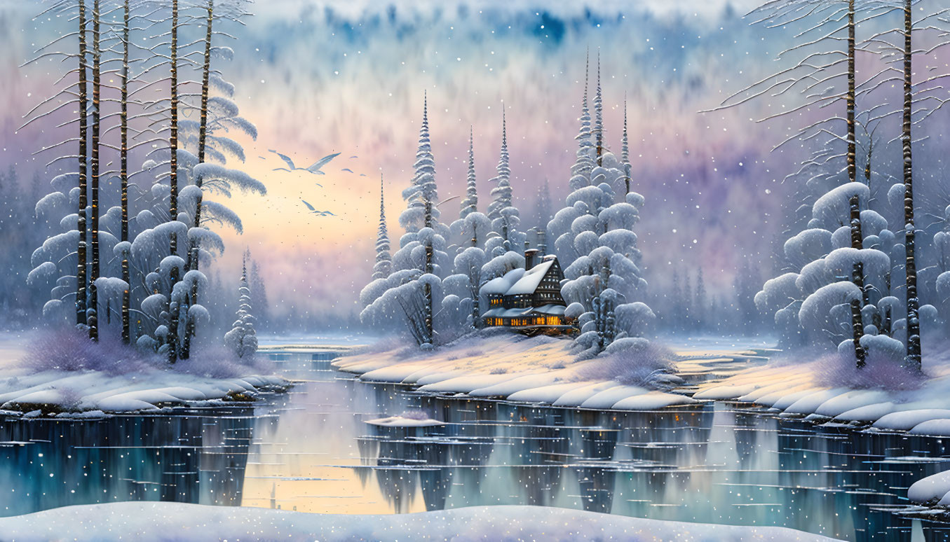 Winter cabin by river with snow-covered trees and birds in misty sky