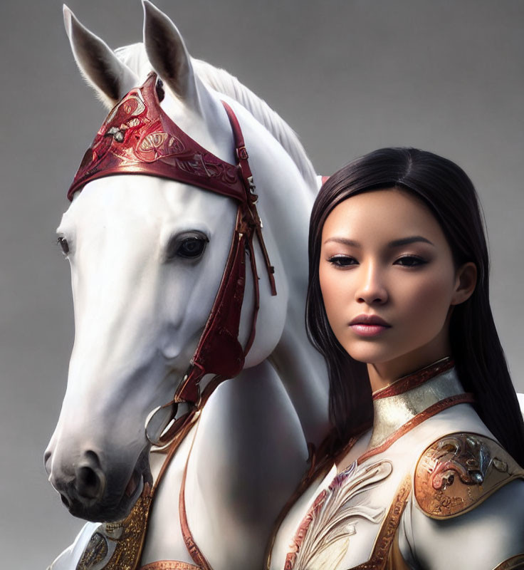 Detailed Armor Woman Stands Beside White Horse