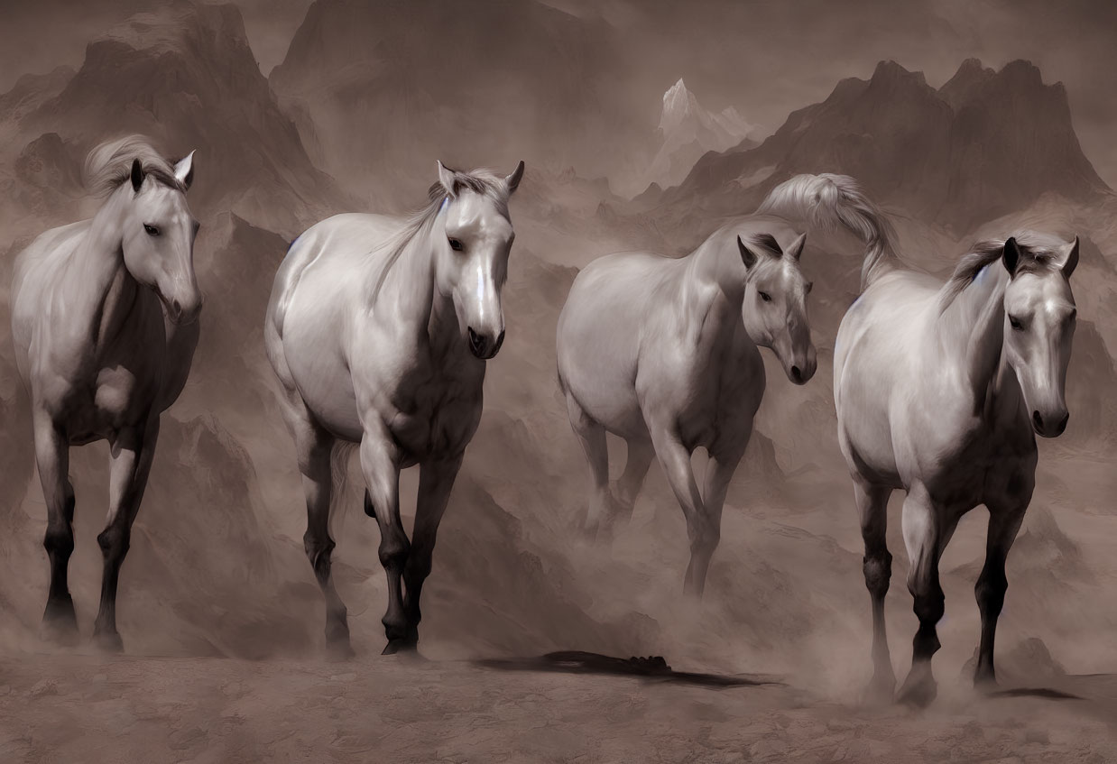 Four White Horses Walking in Sepia-Toned Mountain Landscape