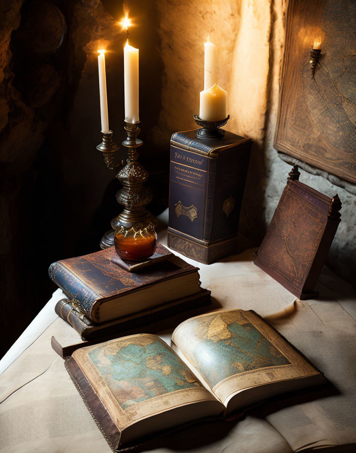 Vintage study scene with lit candles, stacked books, and open atlas on wooden table