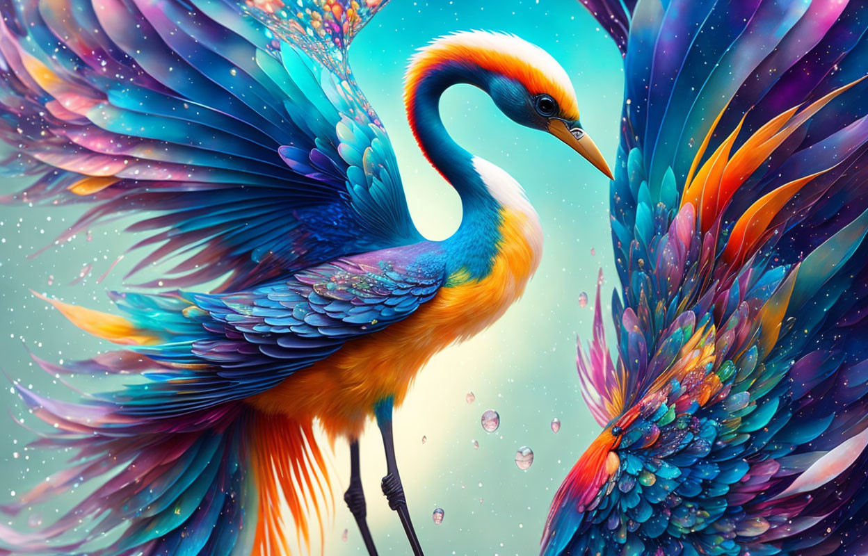 Colorful Stylized Bird with Iridescent Feathers in Fantastical Foliage