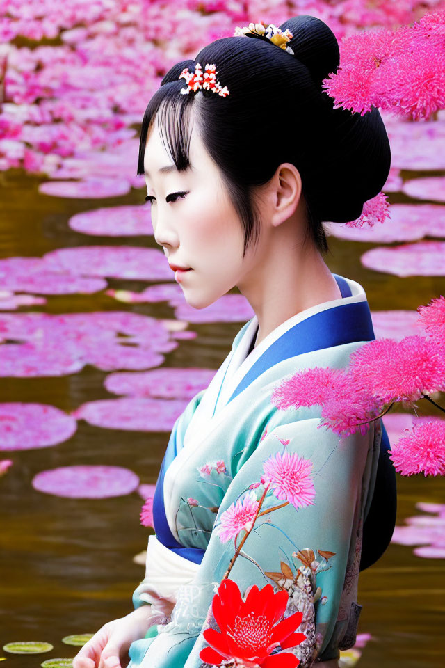 Traditional Japanese woman in kimono by pond with pink blossoms